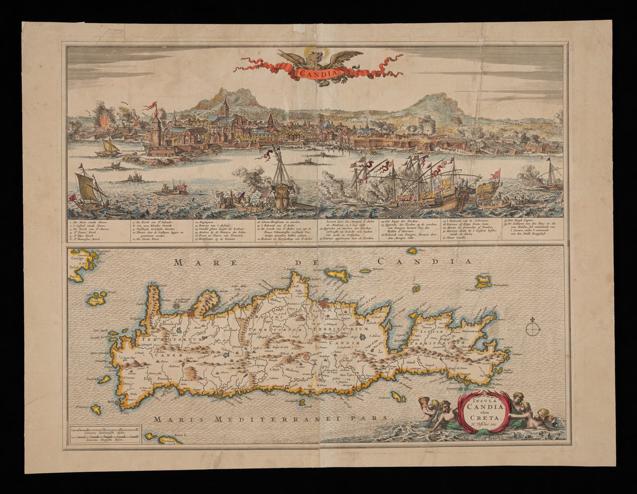 Veduta di Candia e mappa di Creta da Nicolas Visscher
