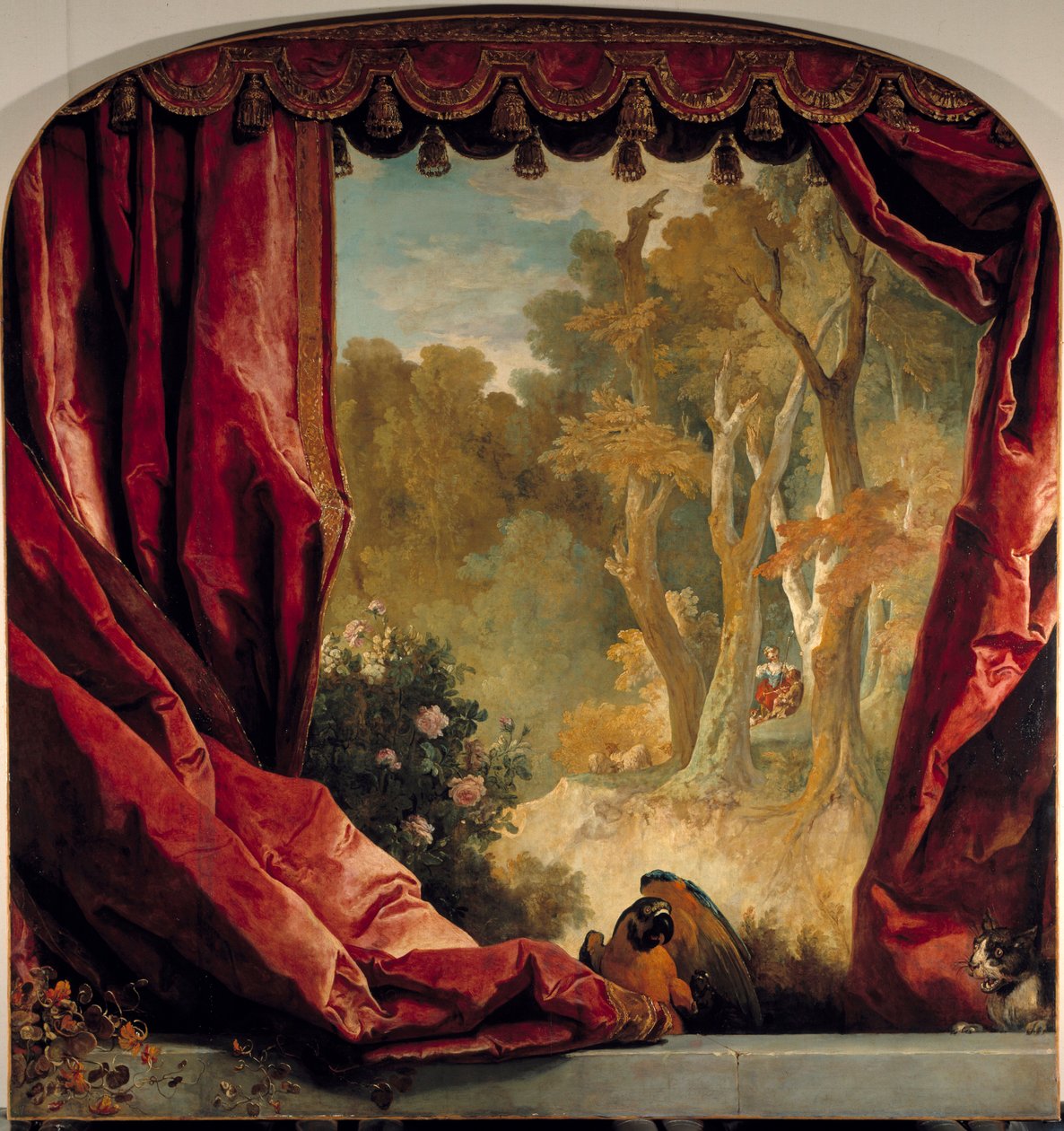 Composizione decorativa con tende, paesaggio e animali da Nicolas de Largillière