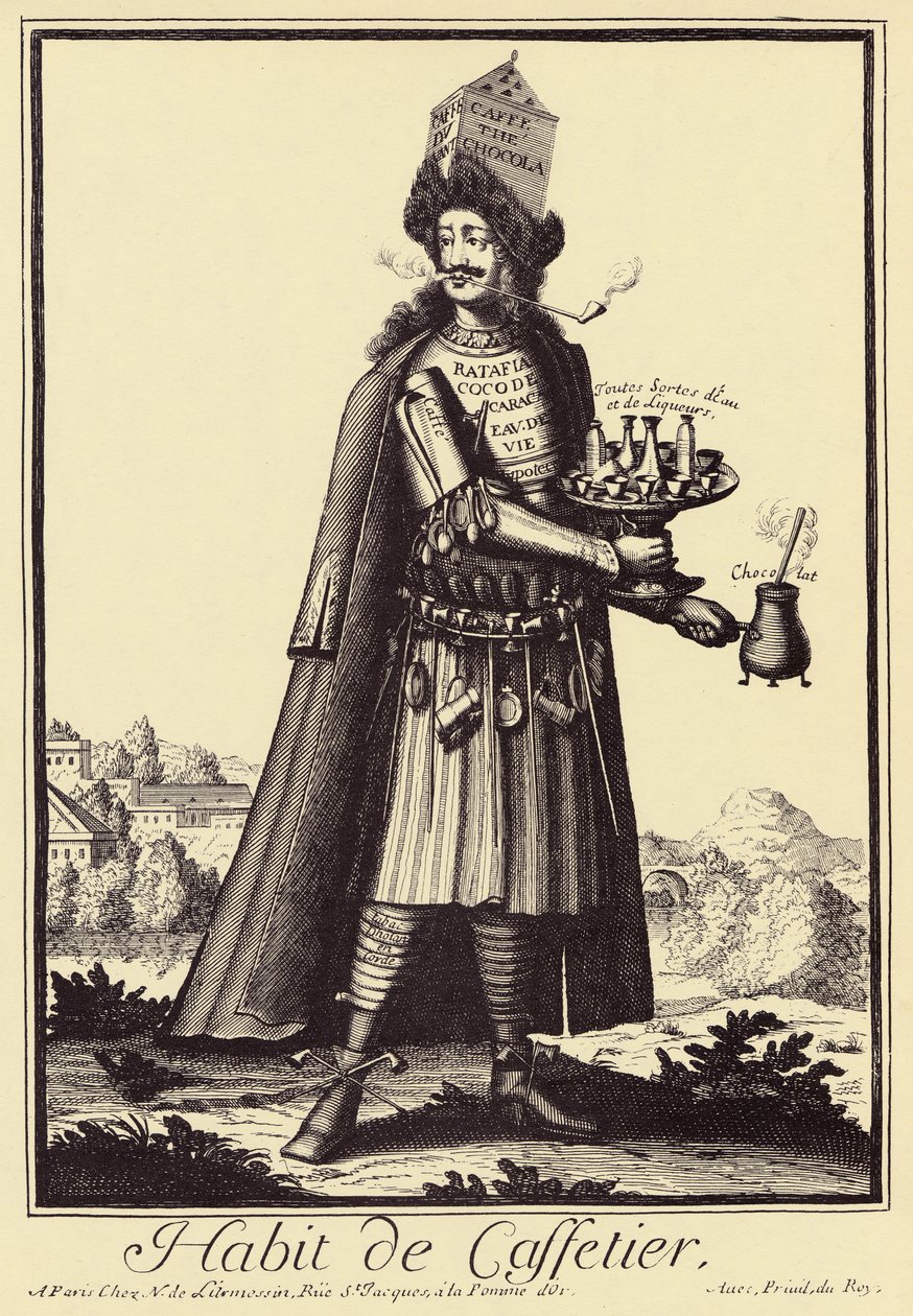 Caffettiere: "Habit de Caffettier" (caffettiere o spacciatore di caffè, cioccolato, tè, liquori) Disegno satirico da 