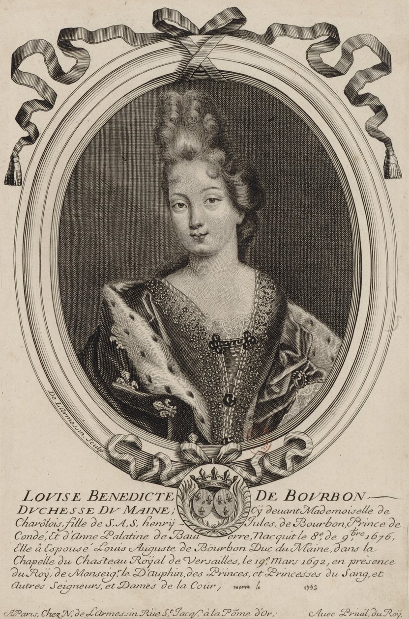 Incisione di Louise Bénédicte de Bourbon (duchessa del Maine), opera di Nicholas de Larmessin di Parigi, 1690 ca. da Nicolas de Larmessin