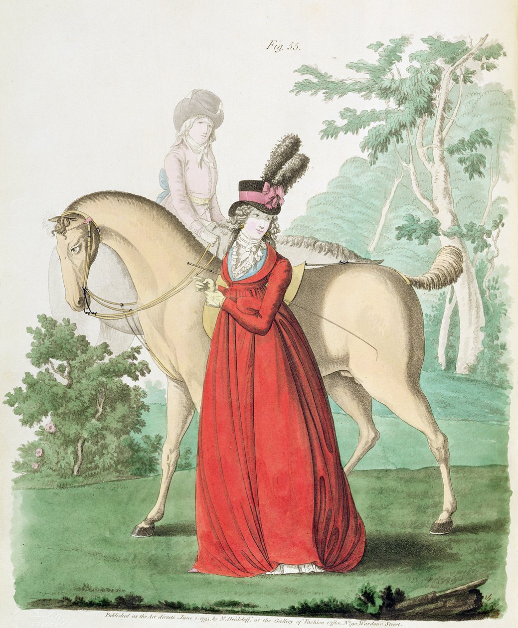 Una signora che esce a cavallo in abito da equitazione dalla Galleria della Moda di Nikolaus Heideloff, Vol II, giugno 1795 da Nicolaus von Heideloff