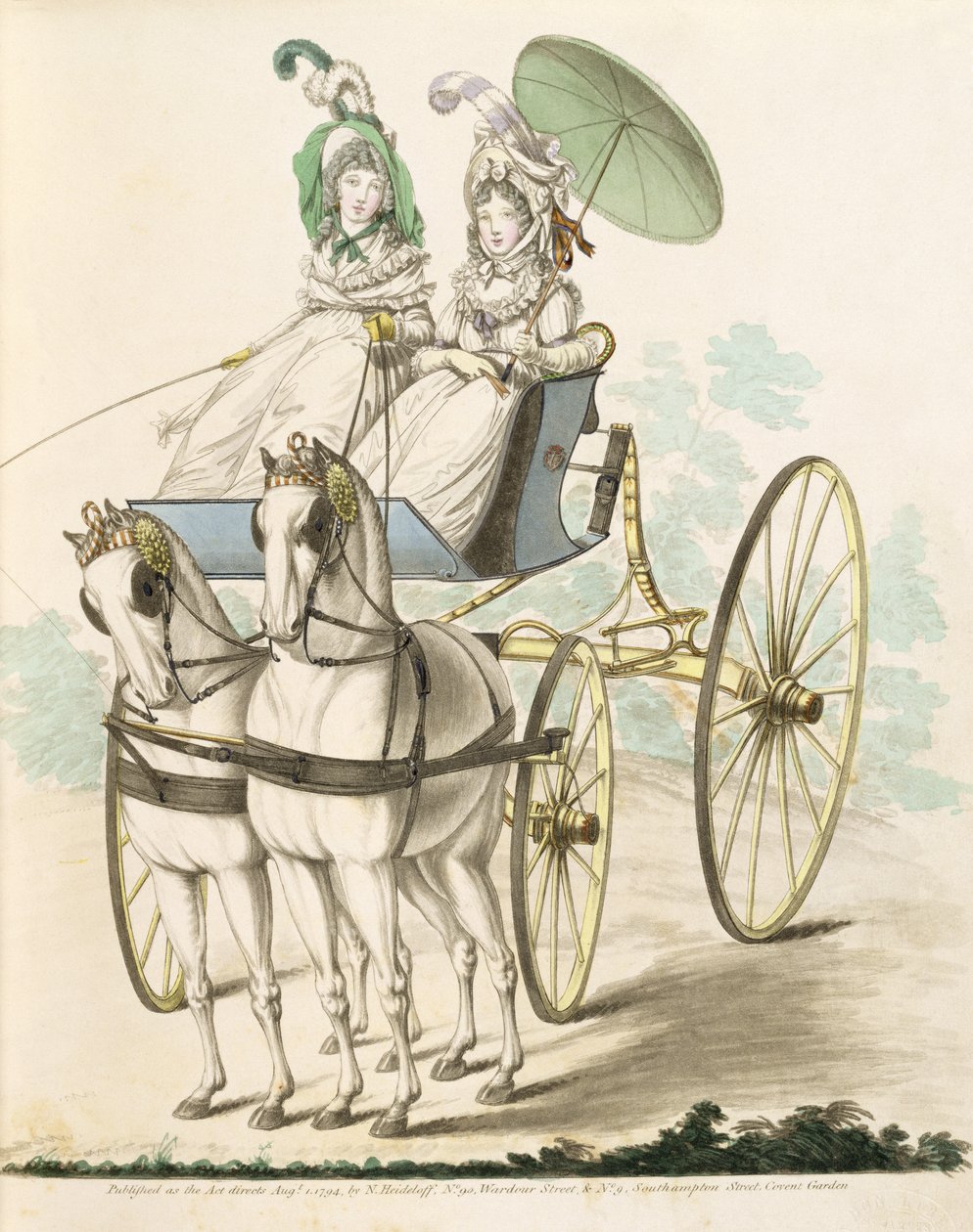 Due signore, in negligee, che prendono aria in un calesse, dalla Galleria della Moda di Nikolaus Heideloff, Vol I, agosto 1794 da Nicolaus von Heideloff
