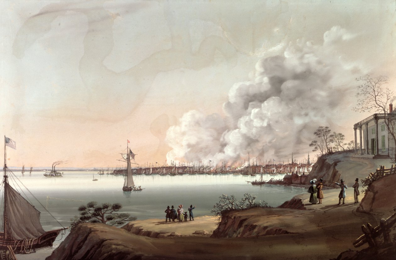 Veduta di New York dopo il grande incendio vista da Brooklyn, 1835 da Nicolino Calyo