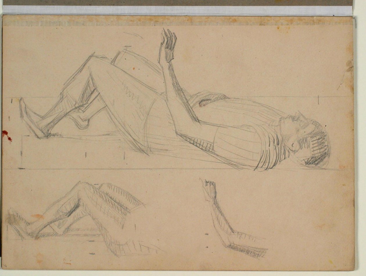 Studio di soldato sdraiato per "Resurrezione di Cristo", inoltre studi dettagliati delle gambe e di un braccio sinistro da Niels Larsen Stevns