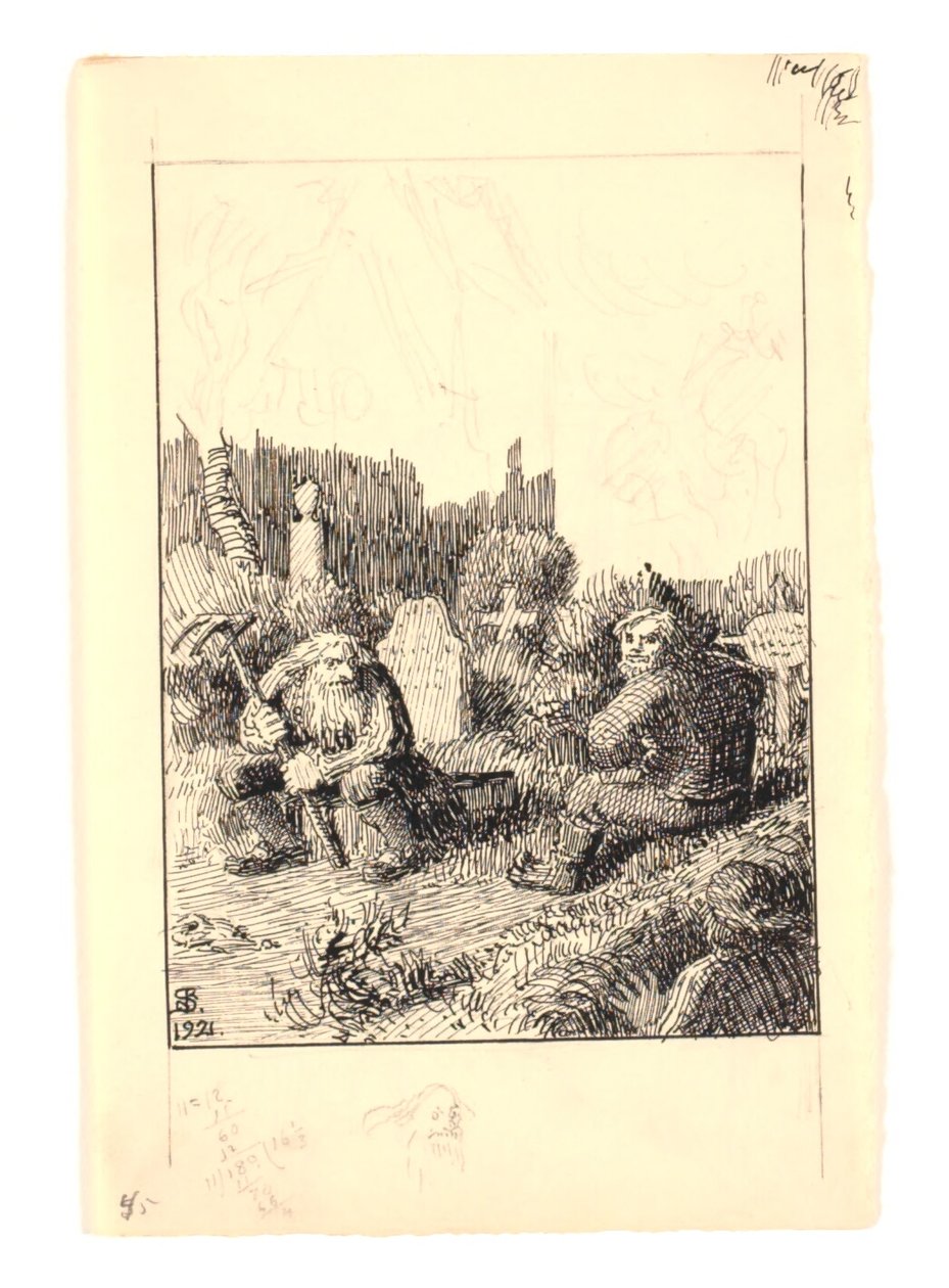 Illustrazione per "Il guardiano della spiaggia e il fantasma della chiesa" da Niels Skovgaard