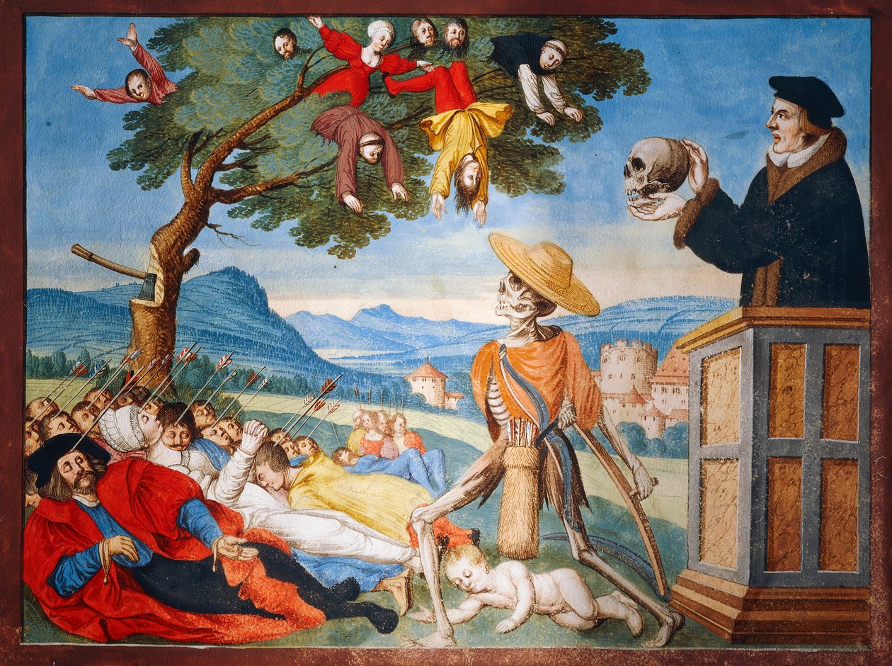 La morte entra in azione con la sua falce e gli uomini cadono come foglie morte, sermone di Memento Mori dal ciclo della Danza della Morte di Albrecht Kauw da Niklaus Manuel