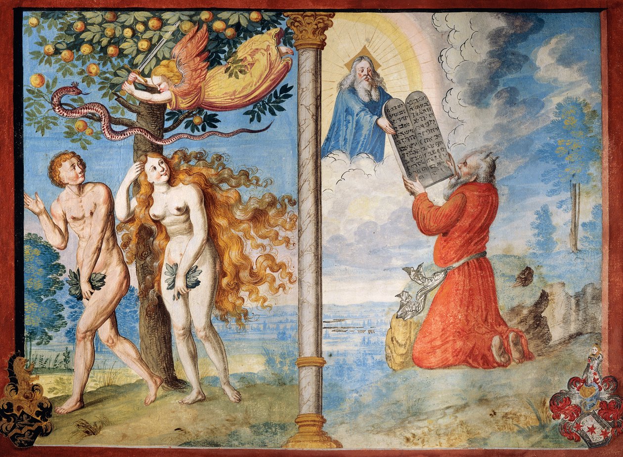 Espulsione di Adamo ed Eva dal Paradiso e Mosè che riceve le Tavole, dal ciclo della Danza della Morte di Albrecht Kauw da Niklaus Manuel
