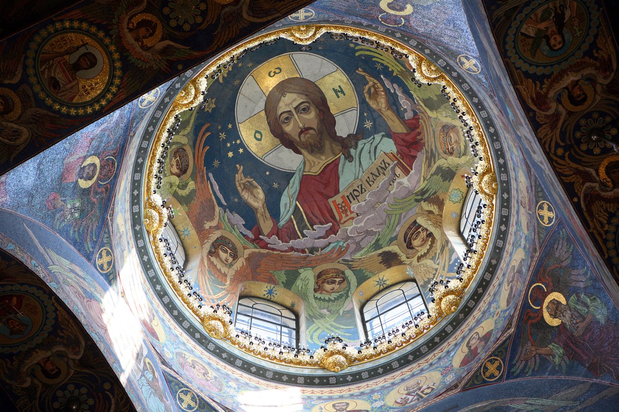 Cristo Pantocratore, soffitto della Chiesa del Salvatore sul Sangue Versato, San Pietroburgo, Russia da Nikolai Nikolayevich Kharlamov