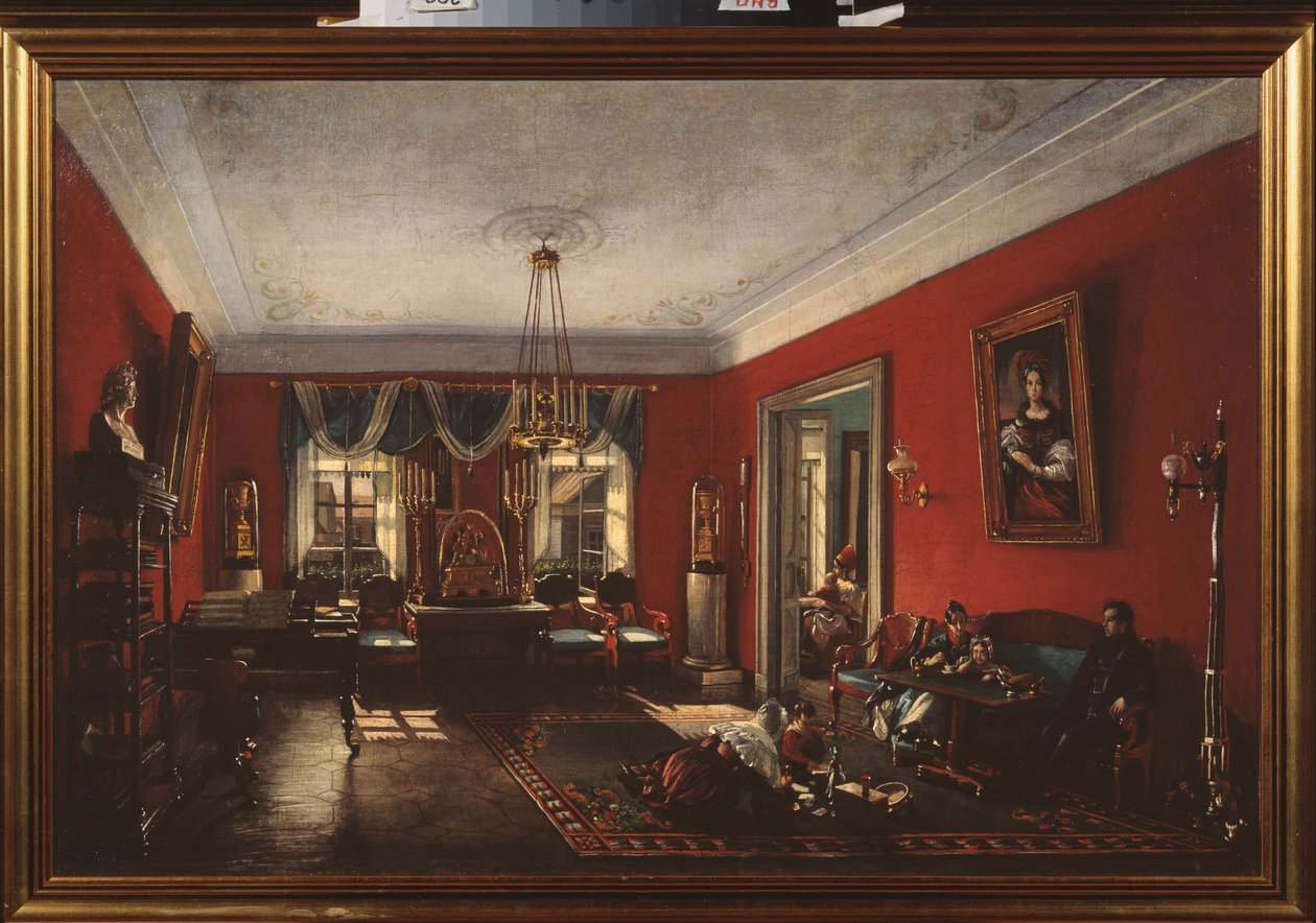 La sala da disegno nella casa Nashchokin a Mosca. (Scena di vita quotidiana e familiare) - Peinture de Nikolai Ivanovich Podklyuchnikov (1813-1877), olio su tela, inizio 1840 - Arte russa da Nikolai Ivanovich Podlyuchnikov