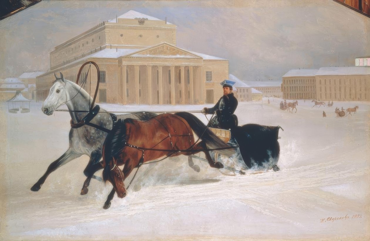 Slitta trainata da cavalli davanti al Teatro Bolshoi a Mosca da Nikolai Jegorowitsch Swertschkow
