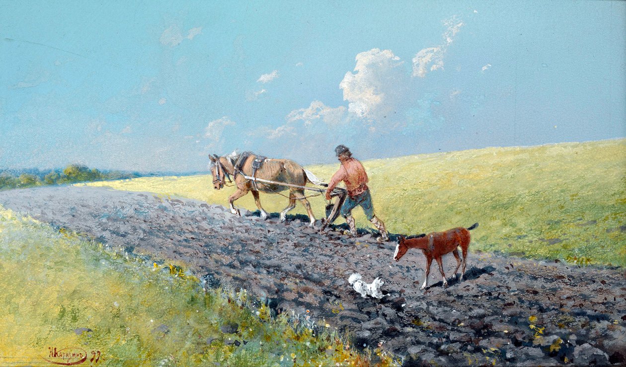Il lavoro: contadino che ara il suo campo, Russia da Nikolai Nikolayevich Karasin