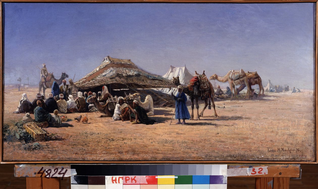 Il Cairo. Scena di accampamento di una carovana nel deserto, la città sullo sfondo. da Nikolai Yegorovich Makovsky