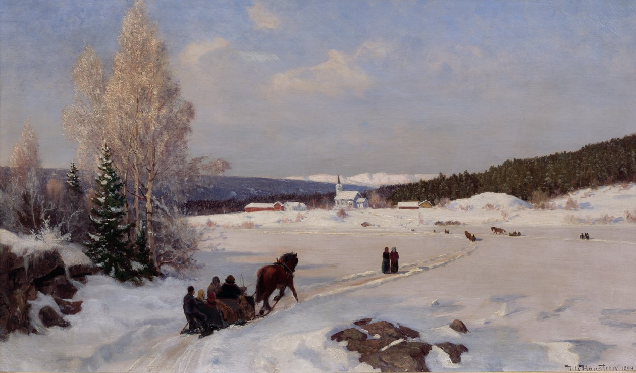 Corsa in slitta verso la chiesa da Nils Hansteen