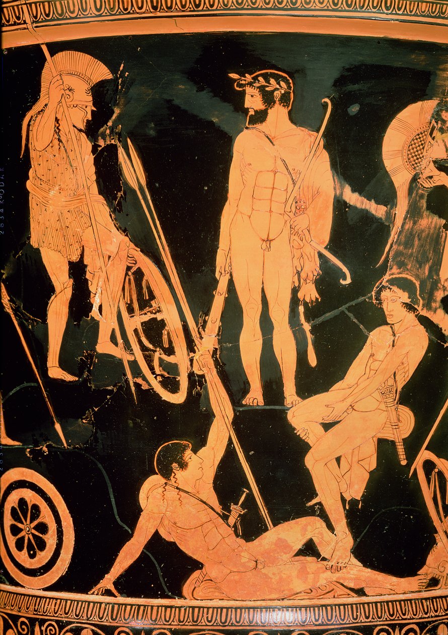 Eracle e eroi greci, dettaglio da un calice attico a figure rosse, c.490 a.C. da Niobid Painter