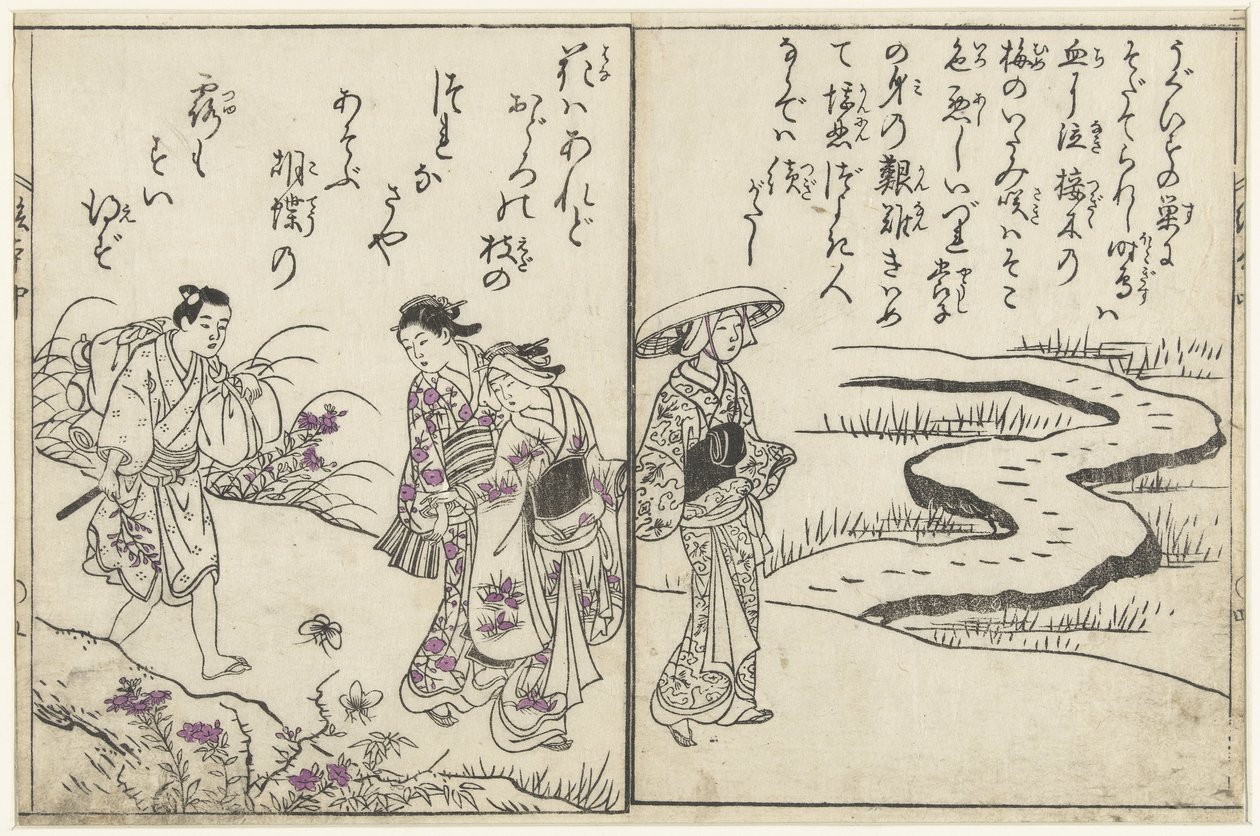 Passeggiatori in un paesaggio con fiori da Nishikawa Sukenobu (attributed to)