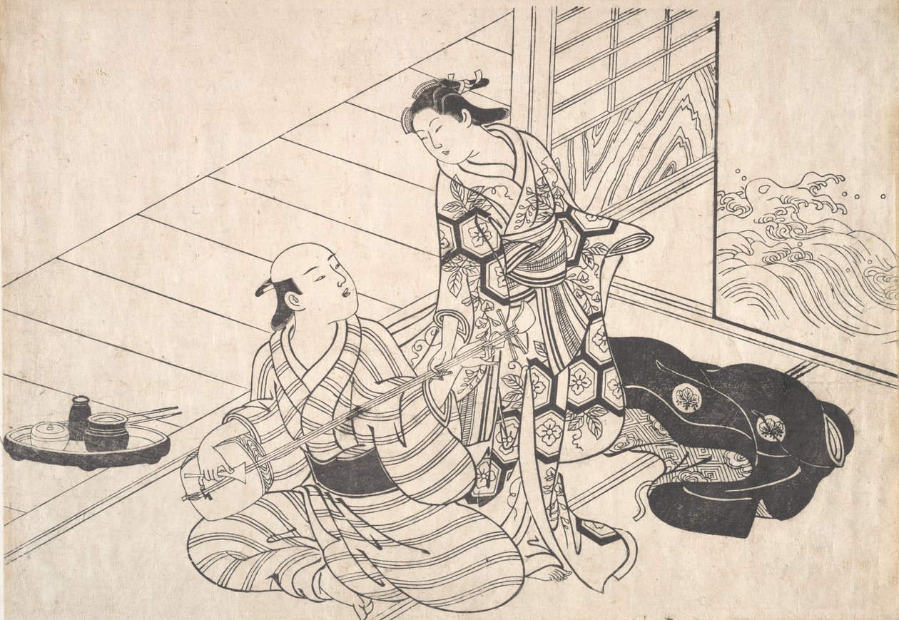 Donna che interrompe il suo amante, che sta suonando lo shamisen da Nishikawa Sukenobu