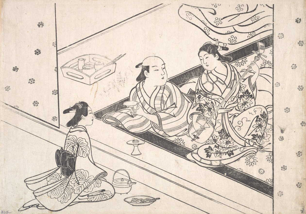 Donna che suona lo shamisen, con il suo amante e un assistente nelle vicinanze da Nishikawa Sukenobu