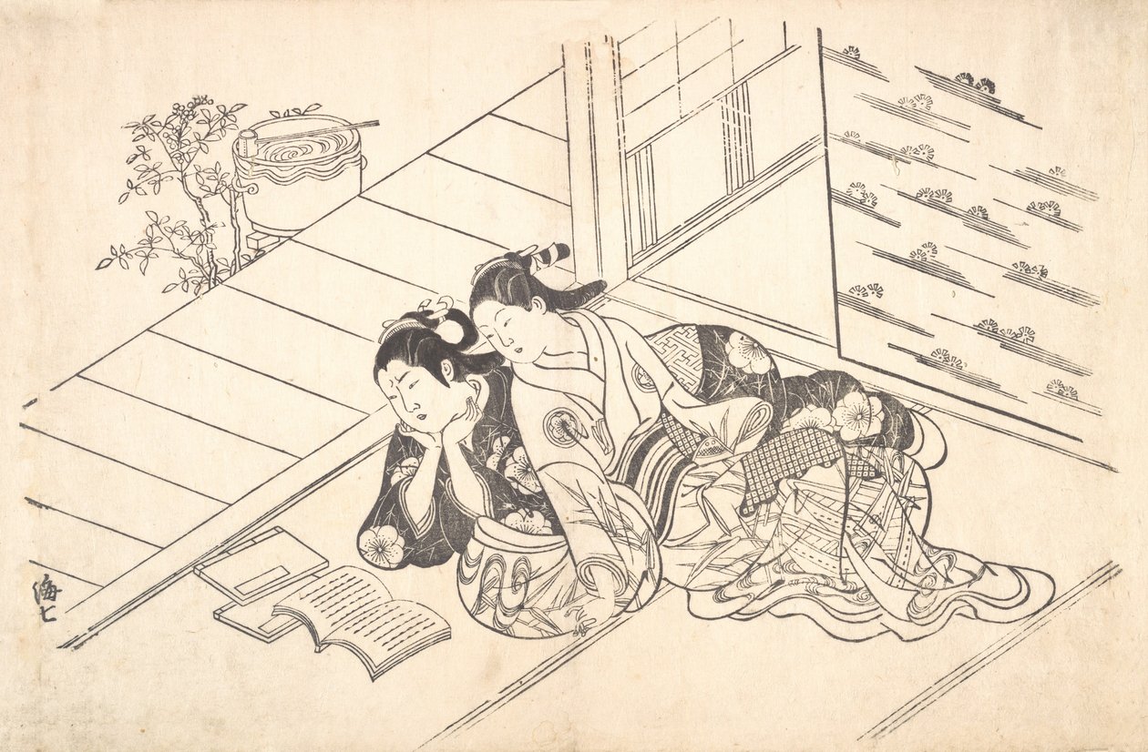 Due donne sdraiate sul pavimento di una stanza che leggono un libro da Nishikawa Sukenobu