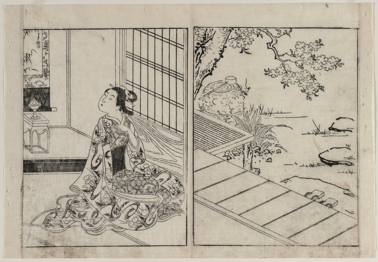 Donna che guarda un rotolo appeso, c. 1740 da Nishikawa Sukenobu