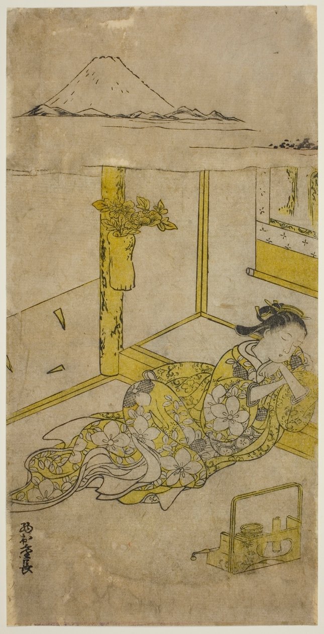 Giovane donna addormentata con il Monte Fuji sopra da Nishimura Shigenaga