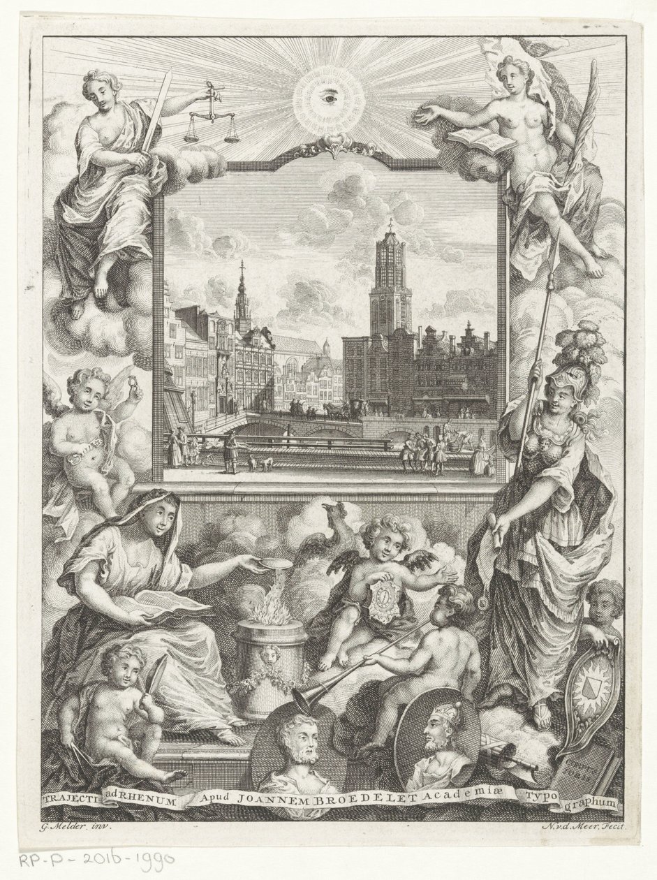 Veduta della città con la Cattedrale di Utrecht e allegoria con la vergine cittadina di Utrecht da Noach van der Meer (I)