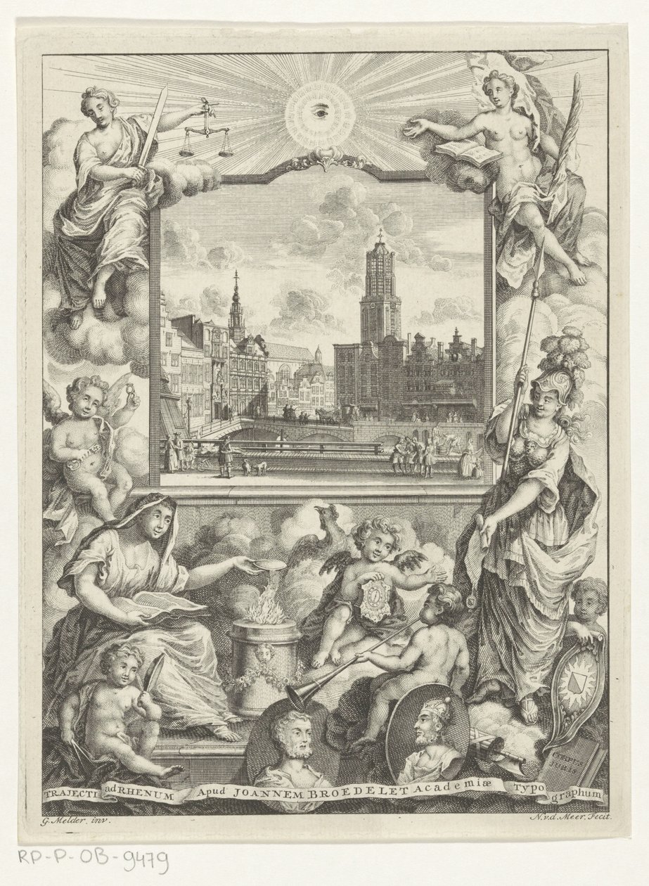 Veduta della città con la cattedrale di Utrecht e allegoria con la vergine cittadina di Utrecht (pagina del titolo per: Elias de Vries, Dissertatio juridica, de jure naturali ac gentium, seu duobus prioribus juris fontibus, 1745) da Noach van der Meer (I)