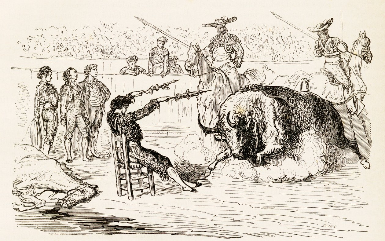 Un banderillero spagnolo che piazza le banderillas seduto su una sedia, 1878 da Noel Eugene Sotain