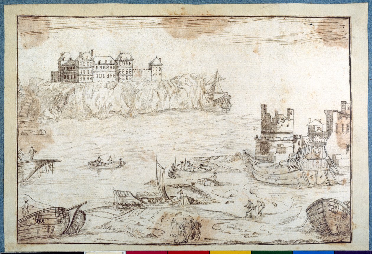 Un castello su scogliere, con studi di galeoni e barche da pesca da Noel Gasselin