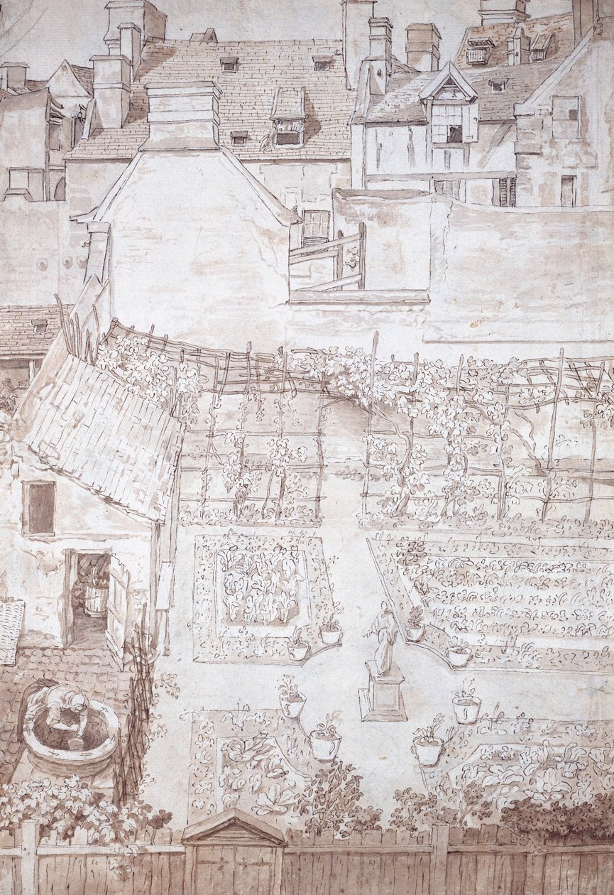 Un giardino di una casa di città, con aiuole e pergolato di viti, chiuso da edifici, c.1677 da Noel Gasselin