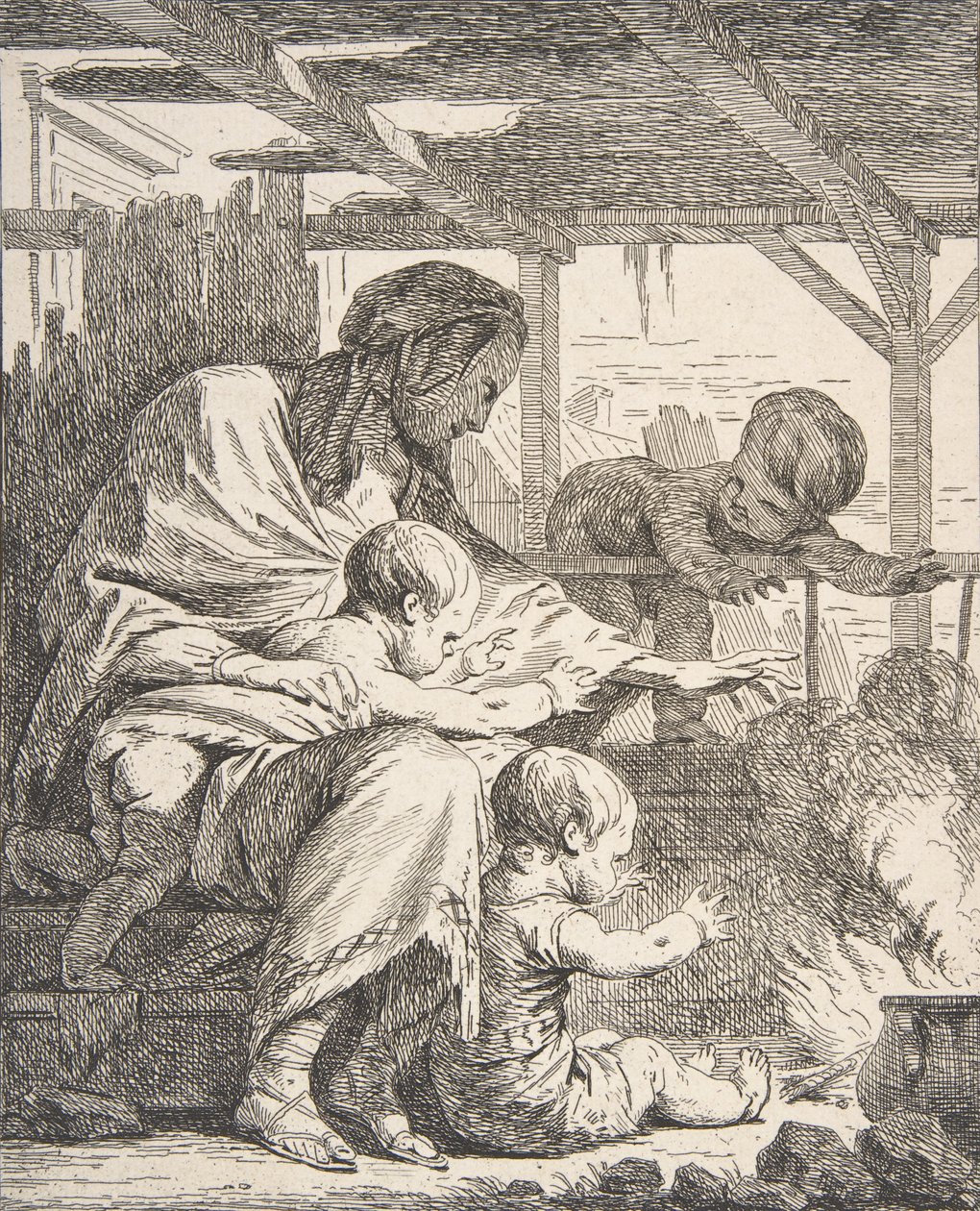 Famiglia che si scalda le mani vicino al fuoco da Noel Halle