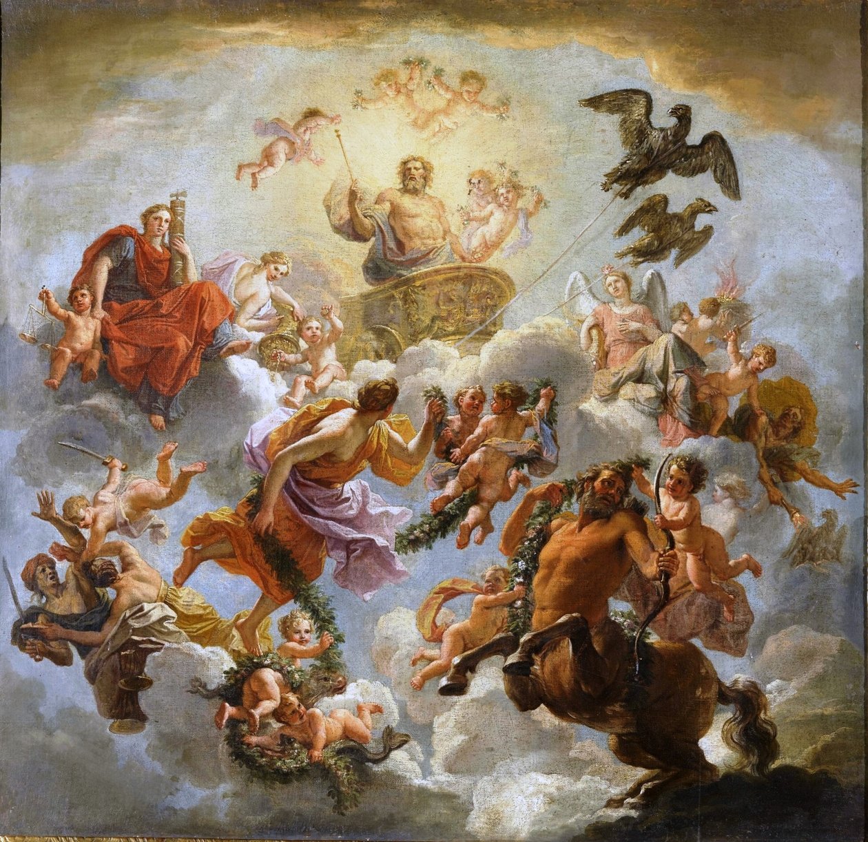 Francese: Jupiter accompagné de la Justice et de la Piété Giove carro tra giustizia e pietà da Noël Coypel