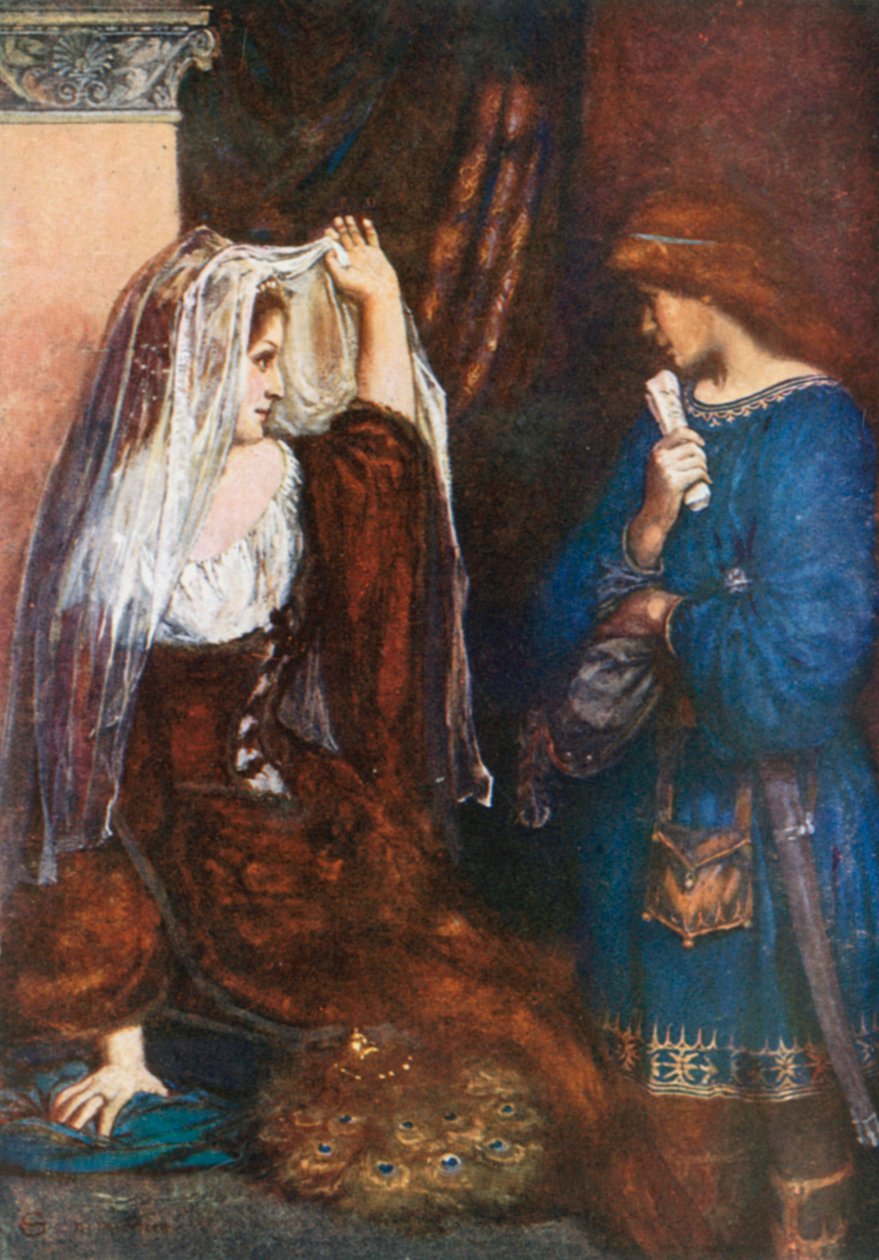 Olivia, "Ma noi tireremo il sipario e vi mostreremo il quadro". La dodicesima notte - Atto I, Scena 5 (litografia a colori) da Norman Mills (after) Price