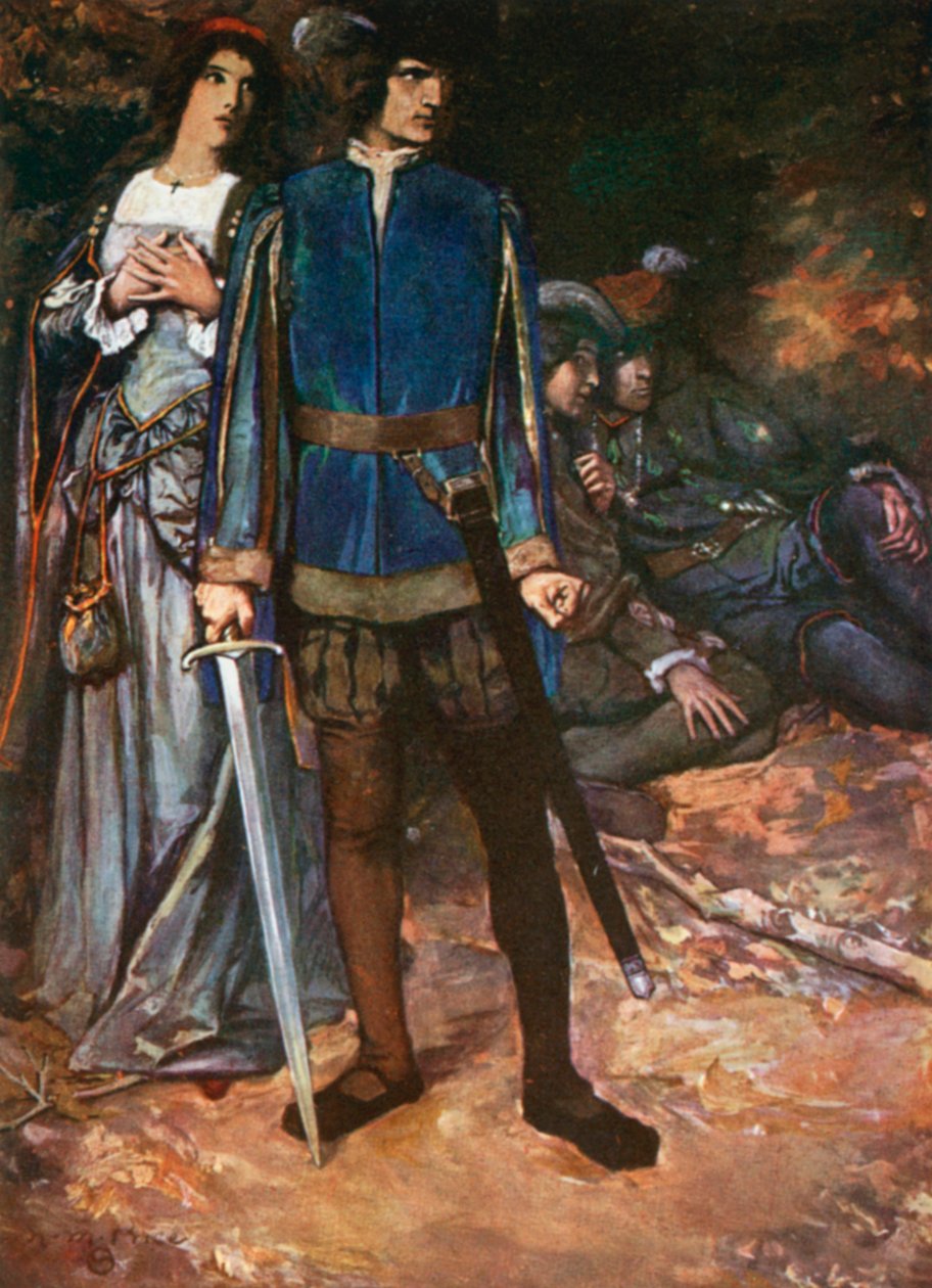 Valentino, "Ti sfido a respirare sul mio amore". Due gentiluomini di Verona - Atto V, Scena 4 (litografia a colori) da Norman Mills (after) Price