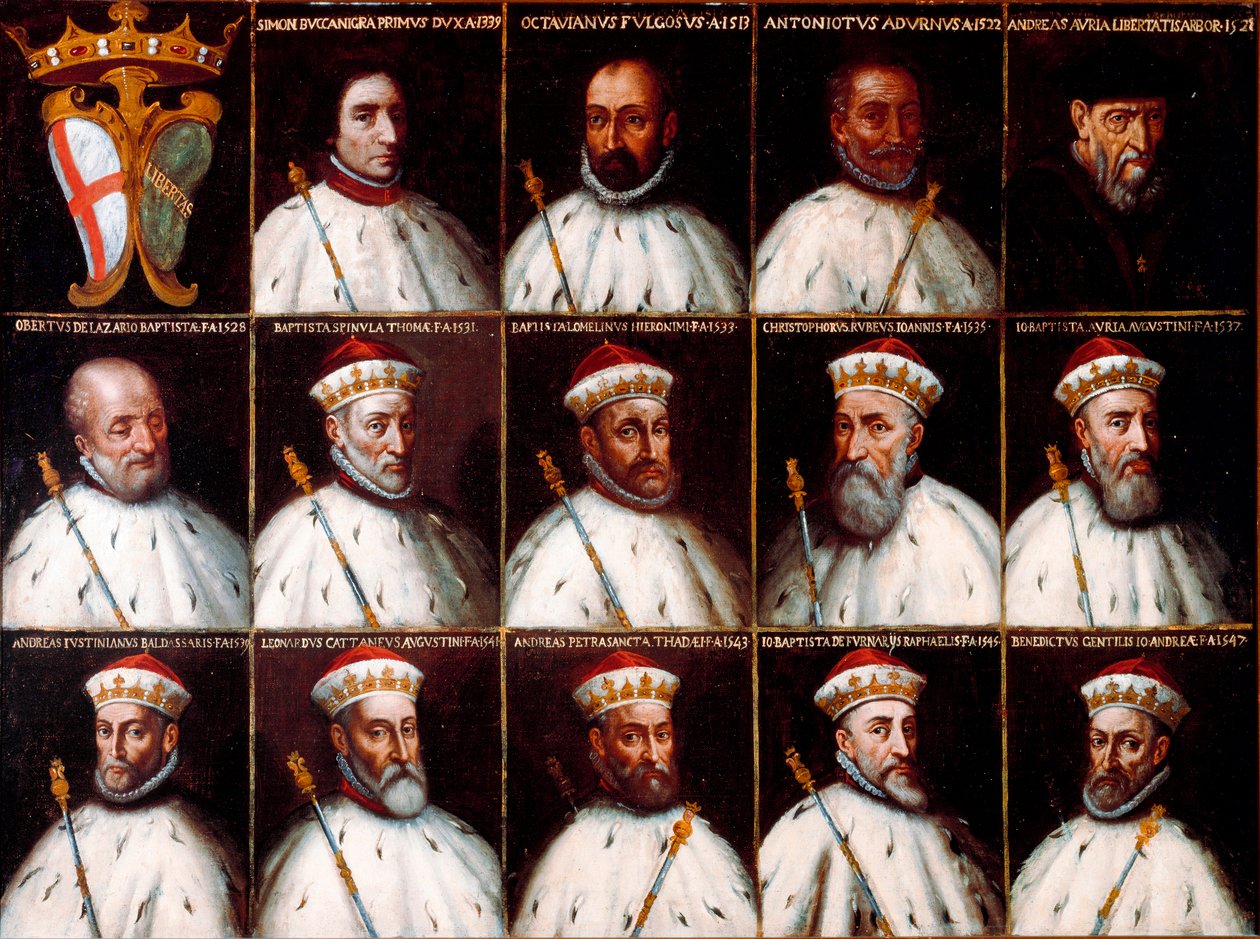 Stemma della Repubblica di Genova e ritratti dei Dogi - Simone Boccanegra, Ottaviano Fregoso e Antoniotto II Adorno; Andrea Doria. Oberto Cattaneo Lazzari, Battista Spinola, Battista Lomellini, Cristoforo Grilaldi Rosso, Giovanni Battista Doria da Northern Italian School