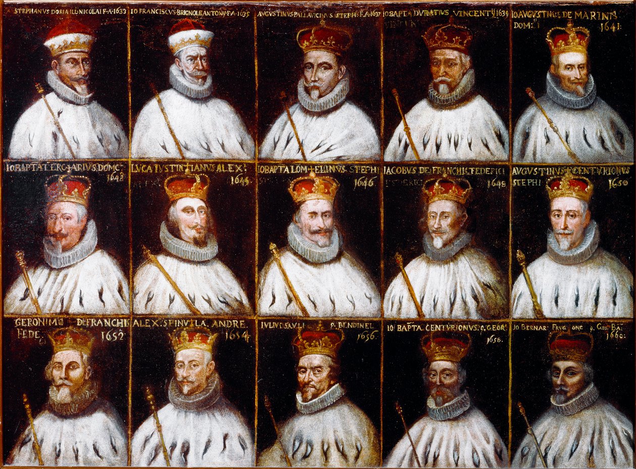 Stemma della Repubblica di Genova e ritratti dei Dogi. Giovanni Stefano Doria, Francesco Gio. Brignole Sale, Agostino Pallavicini, Giov. Battista Durazzo, Agostino Giovanni De Marini, Giovan Battista Lercari, Luca Giustiniani, Giovanni Battista L da Northern Italian School