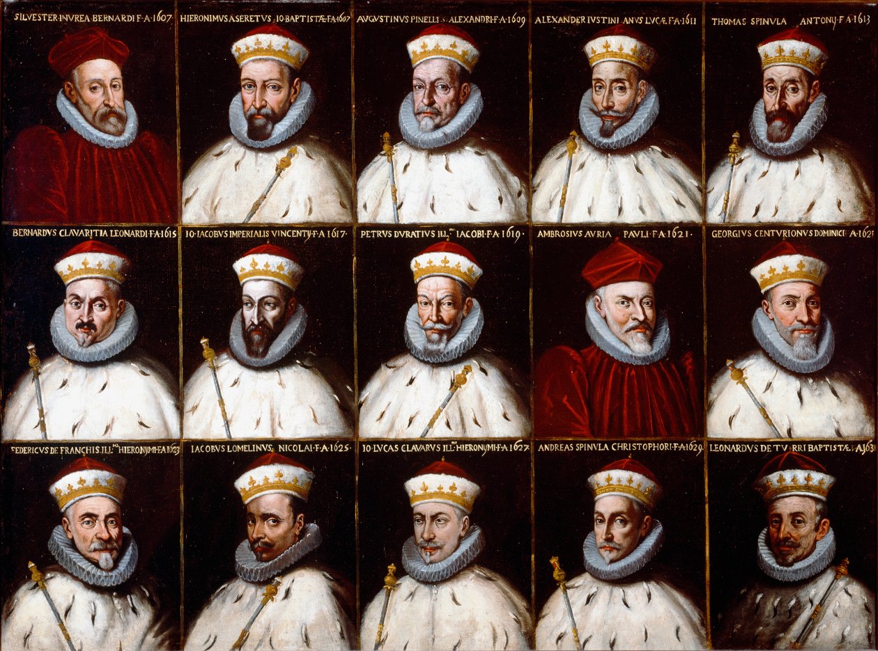 Stemma della Repubblica di Genova e ritratti dei Dogi. Silvestro Invrea, Gerolamo Assereto, Agostino Pinello Luciani, Alessandro Giustiniani Longo, Tomaso Spinola, Clavarezza Bernardo, Giovanni Giacomo Imperiale (Tartaro), Pietro Durazzo, Ambrogio da Northern Italian School