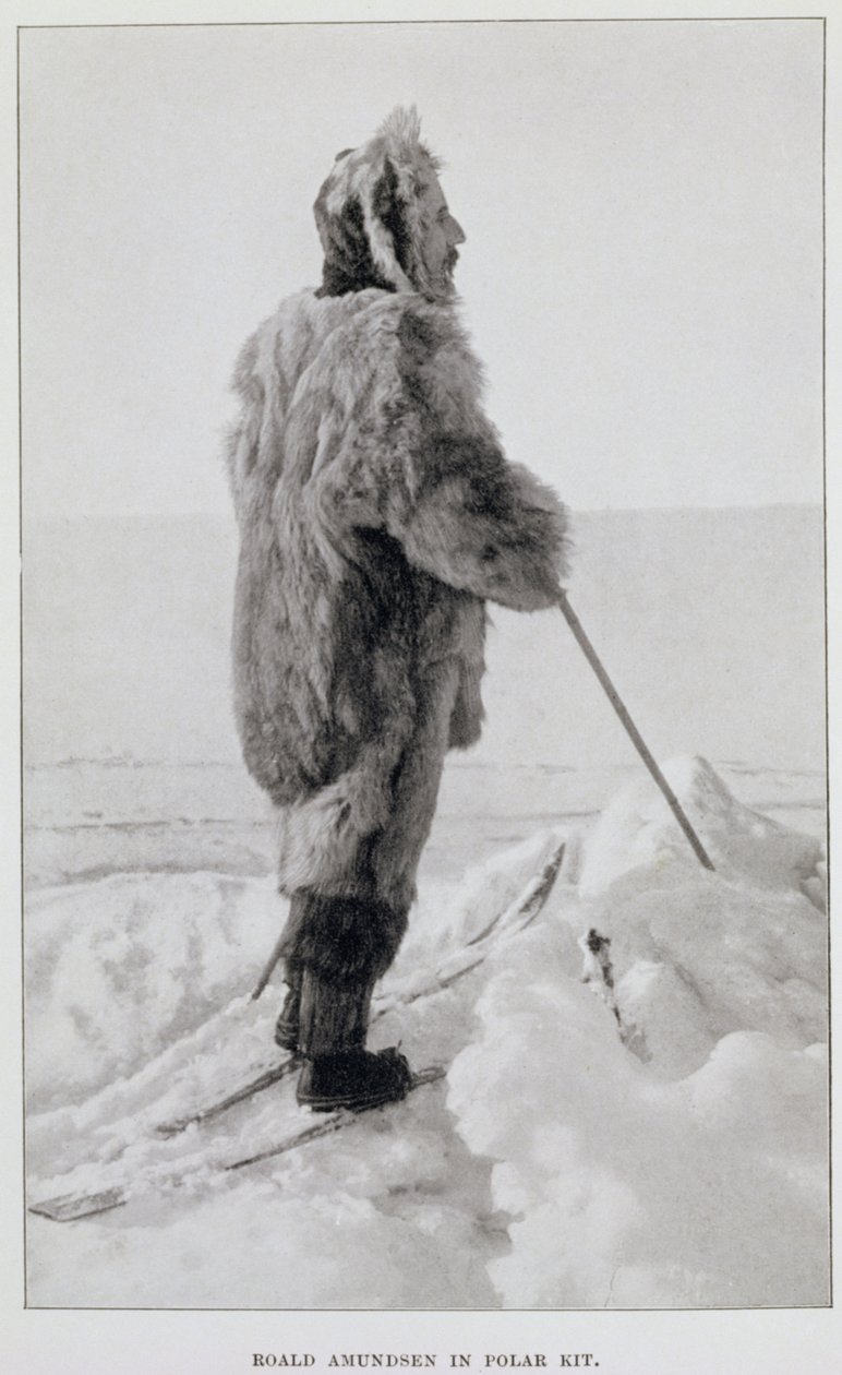 Roald Amundsen in tenuta polare, da "Il Polo Sud...", ed. 1912 (litografia) da Norwegian School