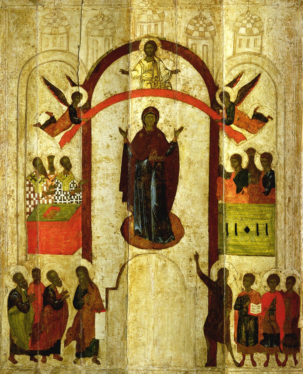 La protezione della Theotokos (Madre di Dio) icona russa del monastero di Zverin, 1399 da Novgorod School