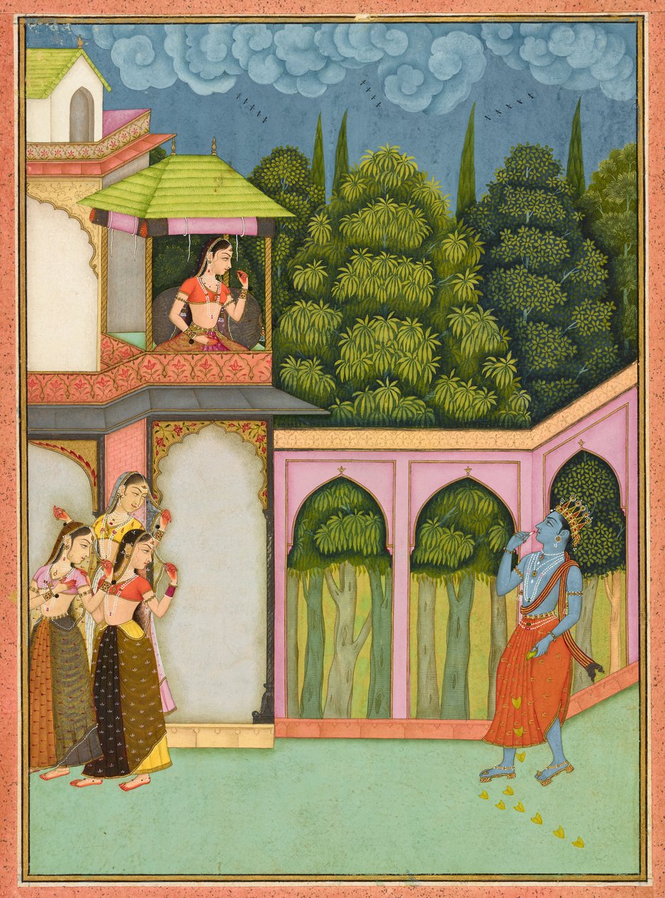 Krishna si avvicina a Radha, foglio da un Rasikpriya, datato 1690 da Nuruddin