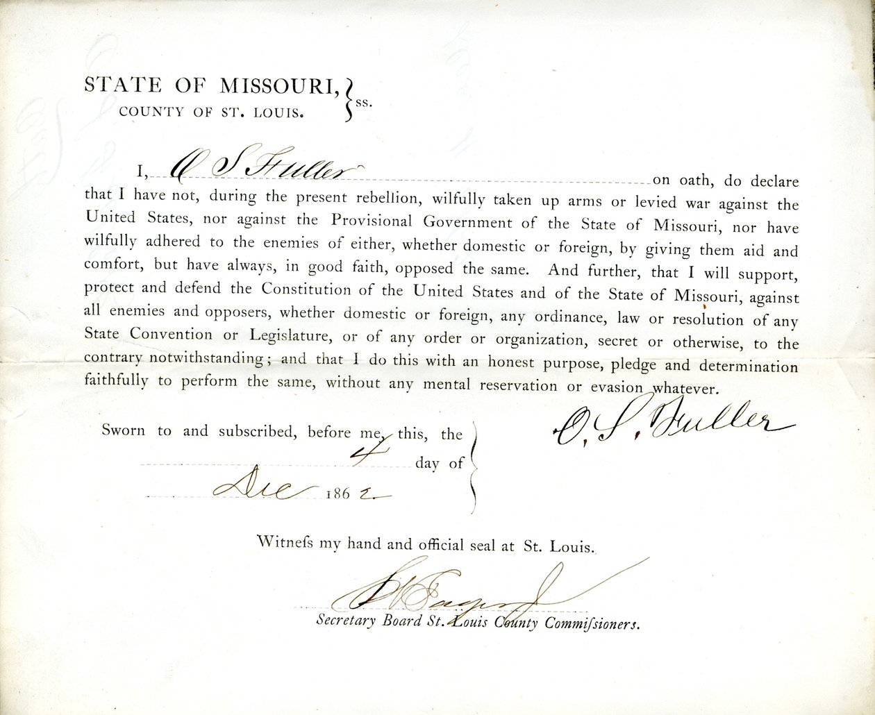 Giuramento di fedeltà di O. S. Fuller del Missouri, Contea di St. Louis da O.S. Fuller