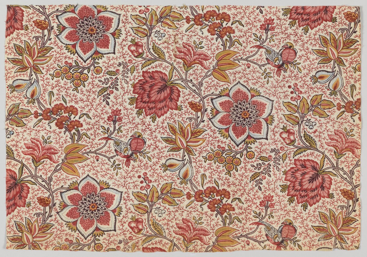 Fiori e uccelli su sfondo di ramoscelli puntinati da Oberkampf and Cie.