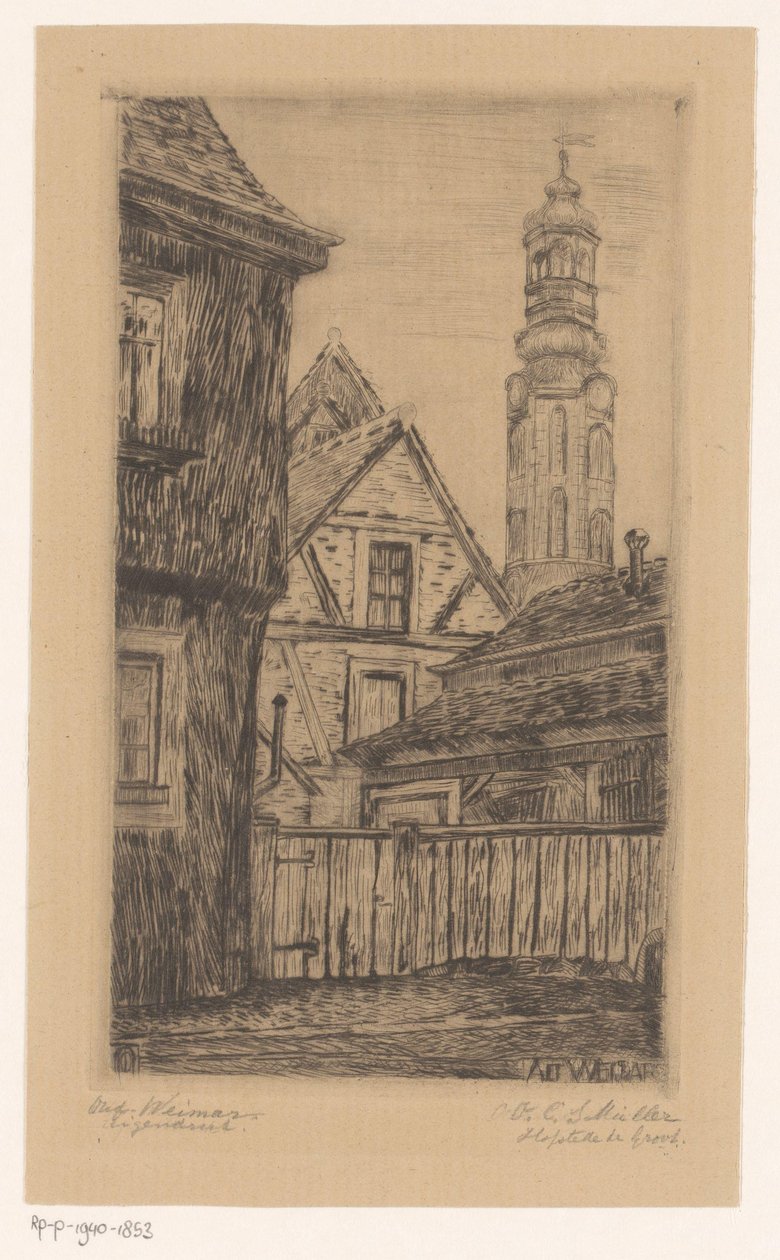 Veduta della città con la torre a Weimar da Octavia Cornelia Suzanna Hofstede de Groot (signed by artist)