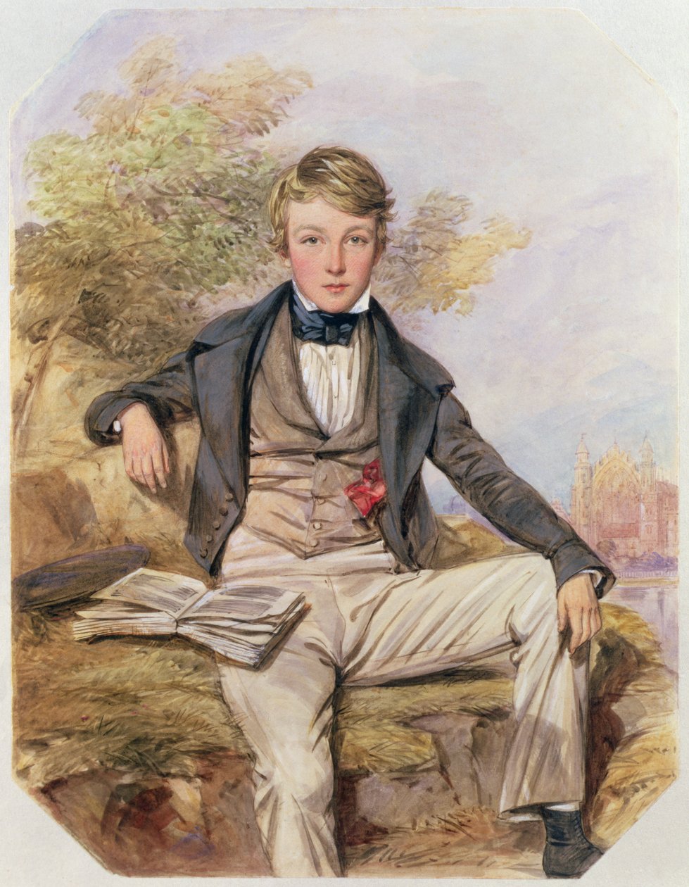 Ritratto di Benjamin Gibbons seduto, con una vista del Eton College oltre, c.1838 da Octavius Oakley