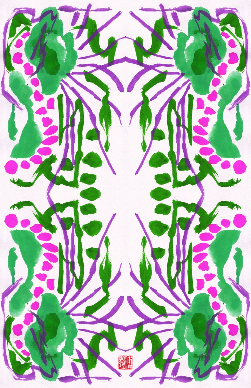 Motivo Floreale Pavone Verde e Rosa, 2023 da Odilia W. Y. Fu