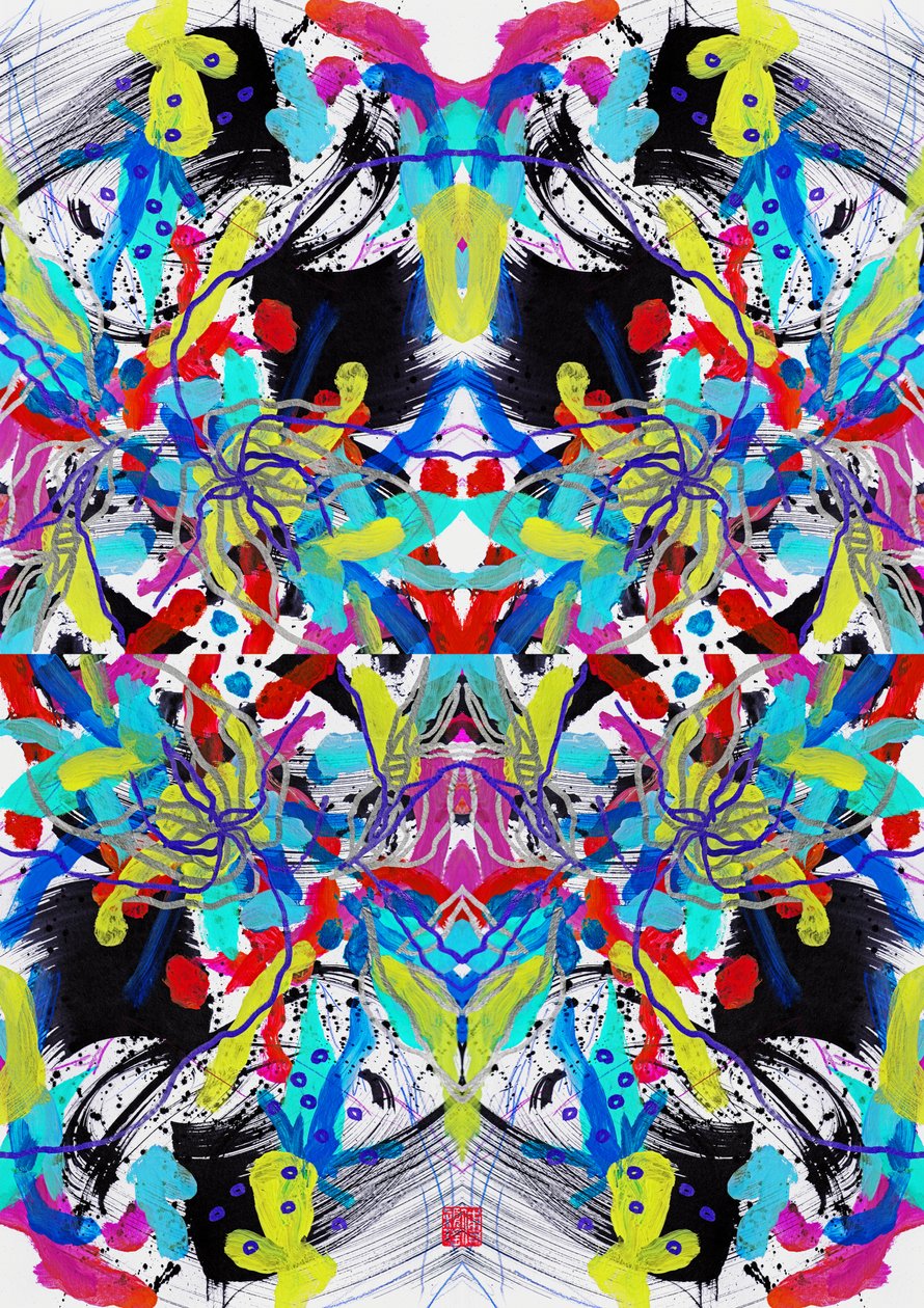 Motivo floreale blu rosso giallo Zen Ink da Odilia W. Y. Fu