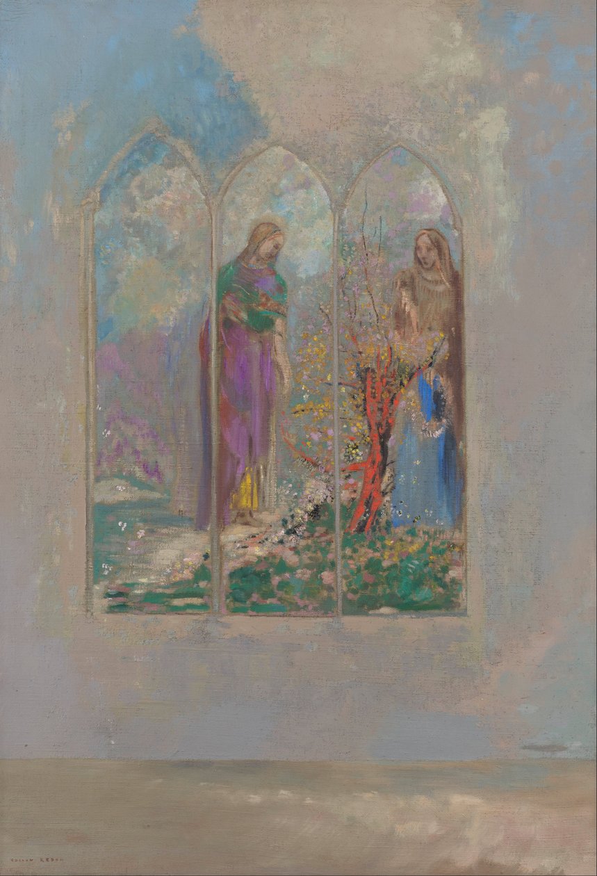Devozione vicino a un cespuglio rosso da Odilon Redon