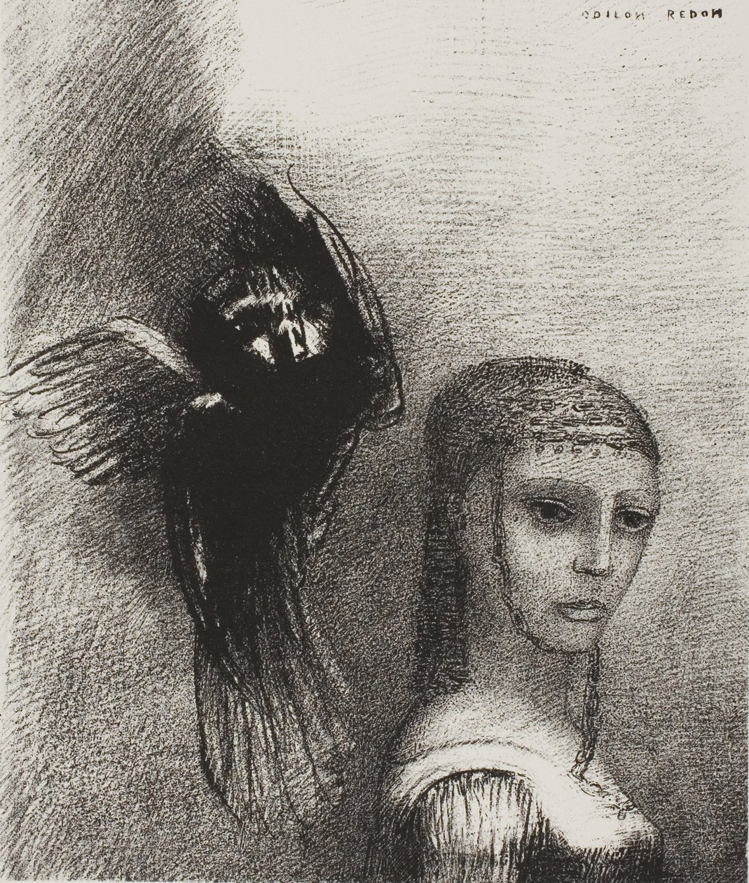 E un grande uccello, scendendo dal cielo, si lancia contro la punta più alta dei suoi capelli, tavola 3 di 10 da Odilon Redon