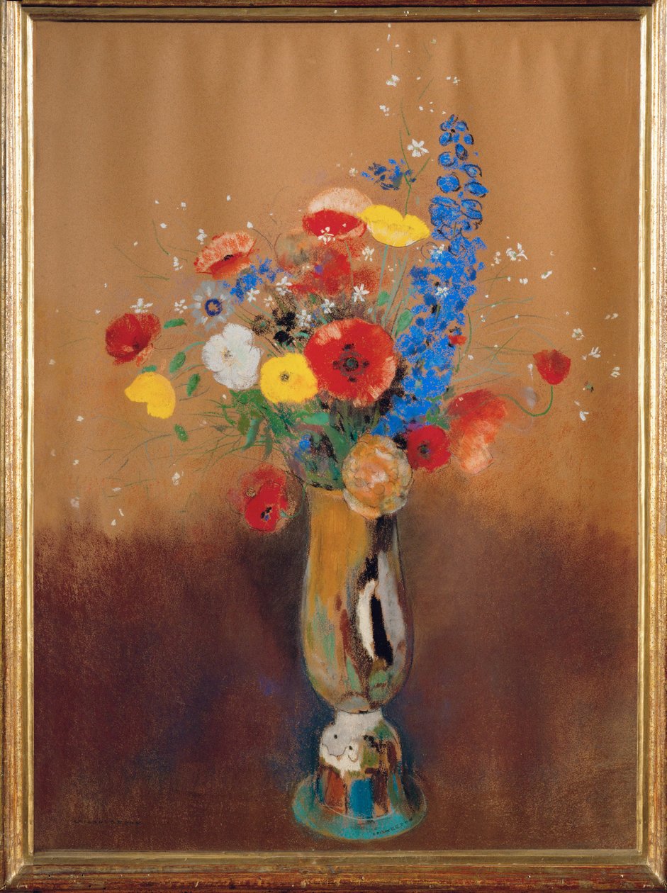 Bouquet di fiori di campo in un vaso a collo lungo (gouache) da Odilon Redon