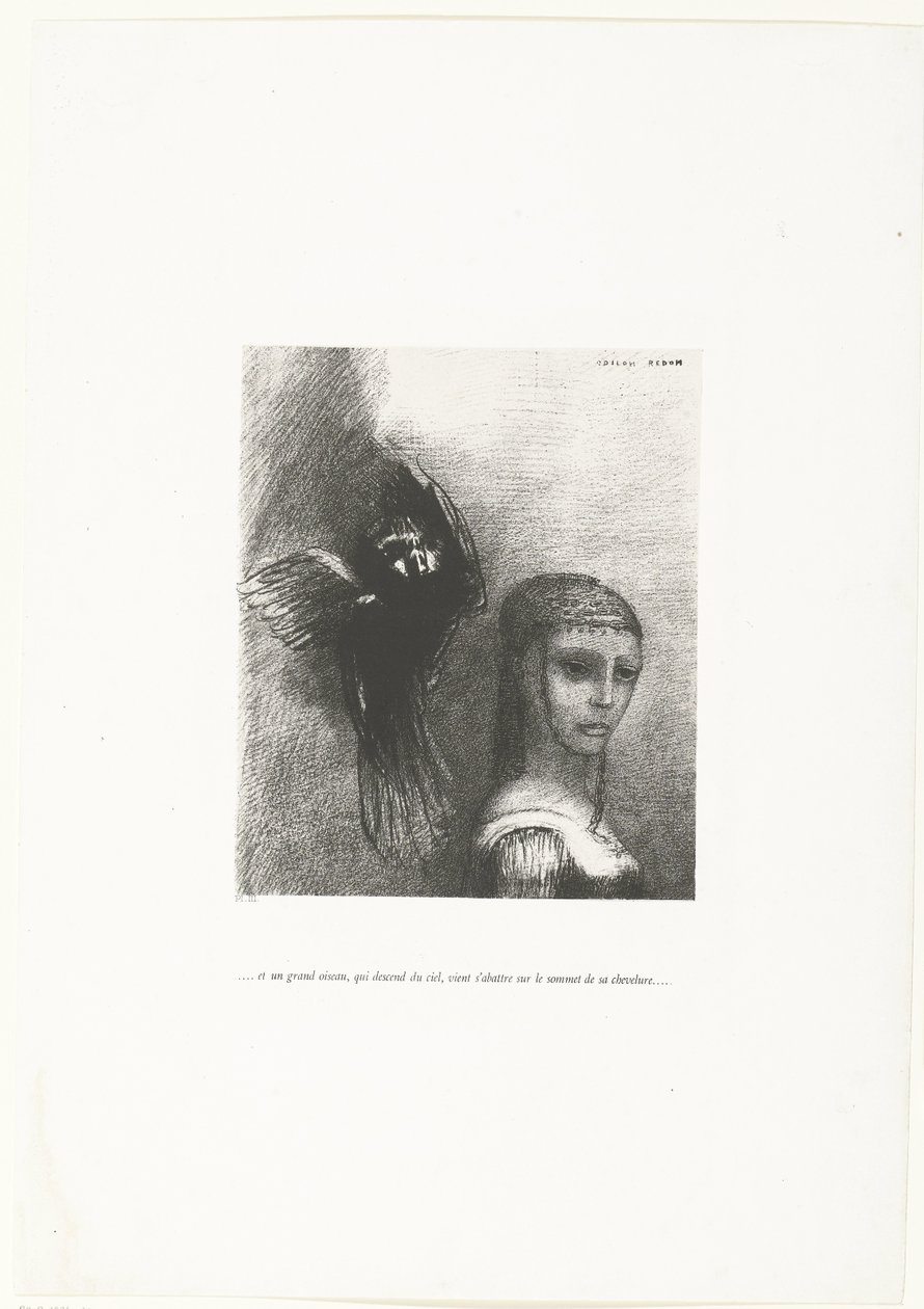 E un grande uccello, che scende dal cielo, si posa sulla sommità della sua acconciatura da Odilon Redon