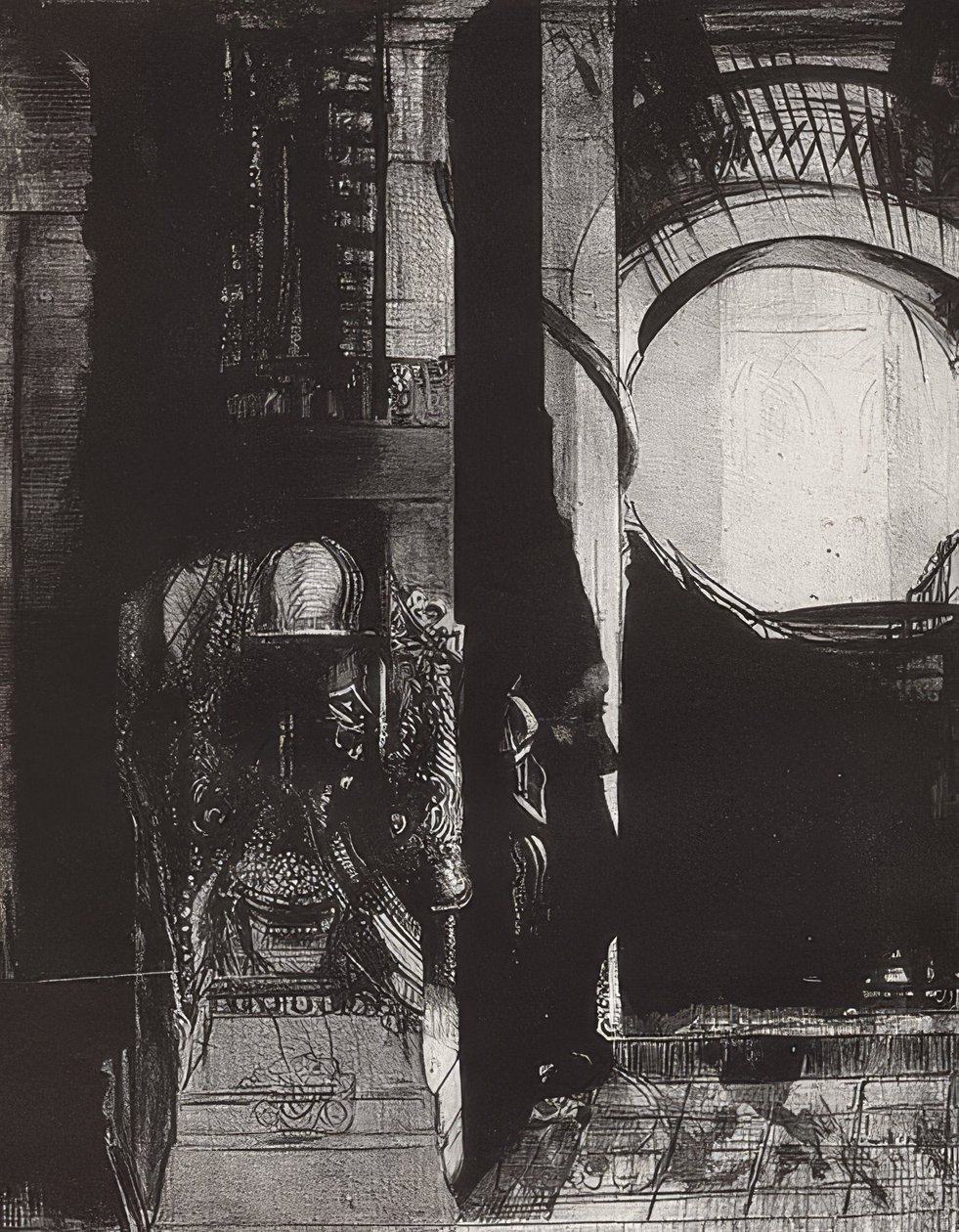 Et partout se sont des colonnes de basalte, La lumière tombe des voûtes, foglio 3 della serie La Tentation de Saint-Antoine, 1896 da Odilon Redon